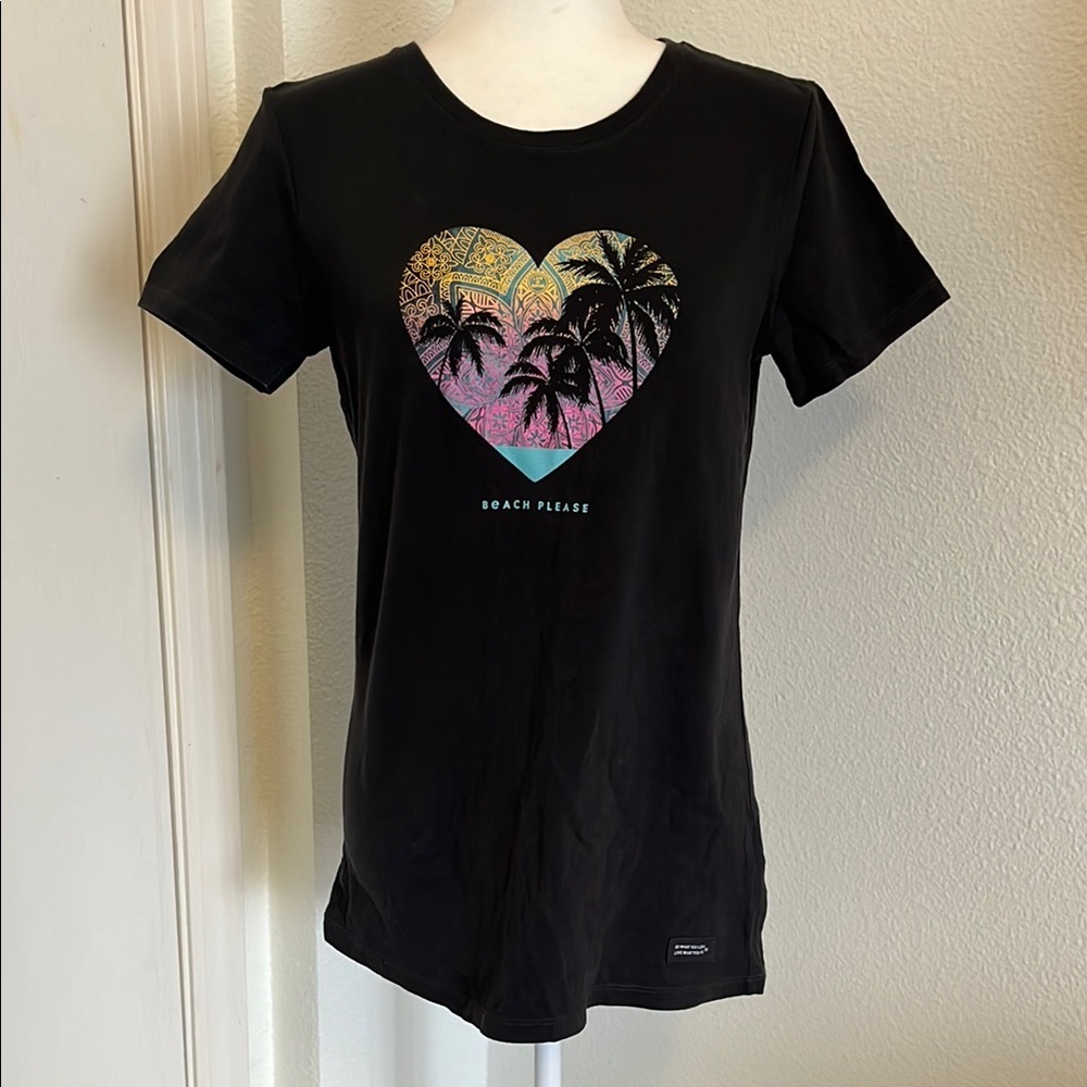 Life Is Good Black T-Shirt with Heart and Palm Tree Design